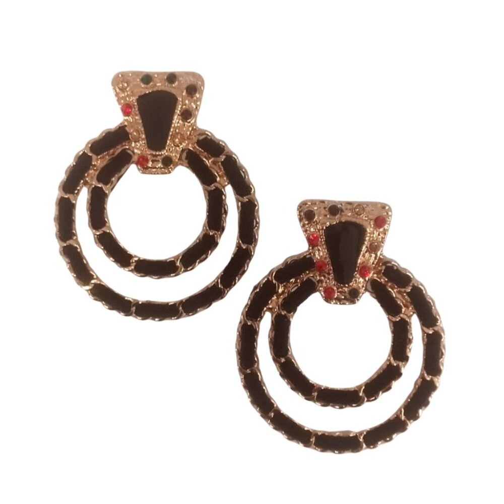PB11 Fashion Jewelry Black Suede Rhinestone Gold Tone Round Earrings